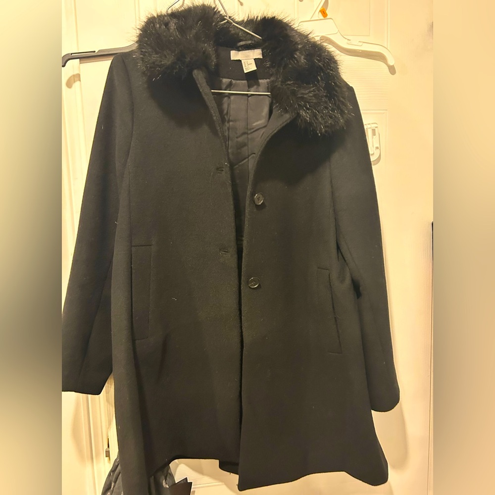 H&M Black Pea Coat with Fur Collar